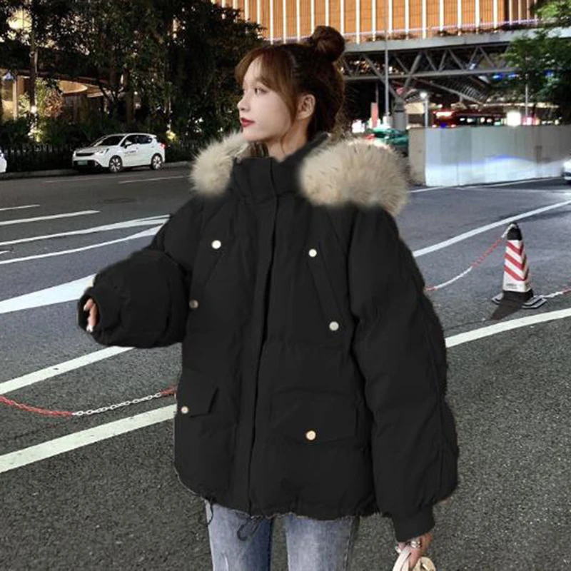 Rimocy Hooded Fur Collar Loose Parkas for Women Winter Pockets Thicken Warm Jacket Woman Zipper-Up Cotton Padded Jacket Ladies