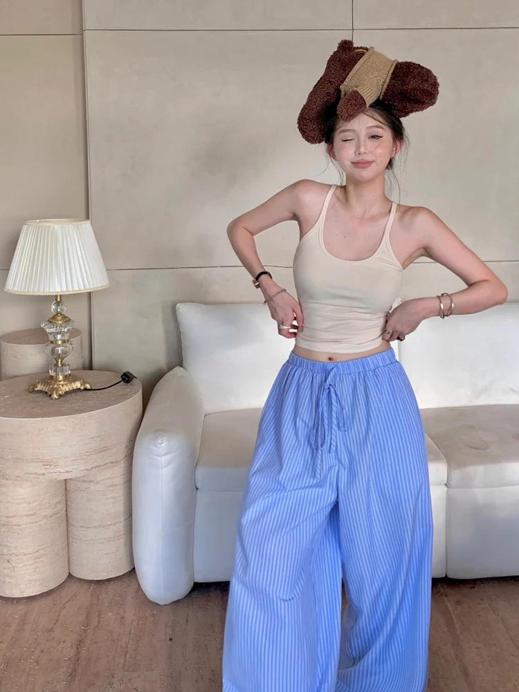 

Blue vertical striped casual pants women's summer thin drape walking pants straight pants loose wide-leg mopping trousers