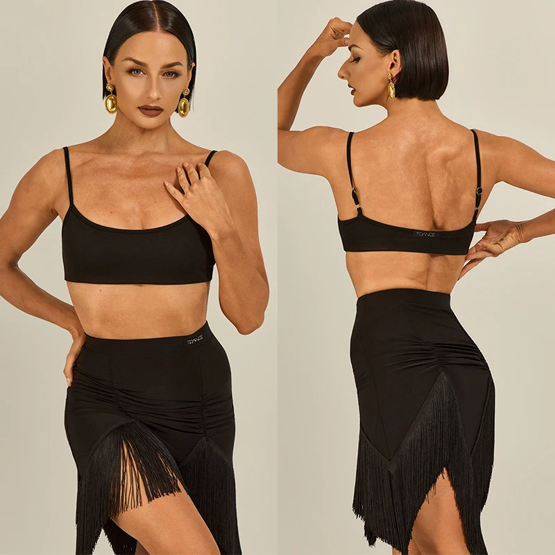 

Latin Dance Practice Clothing Summer Women Black Bra Pleated Fringe Skirt Chacha Dance Clothes Adult Latin Training Wear NV27185