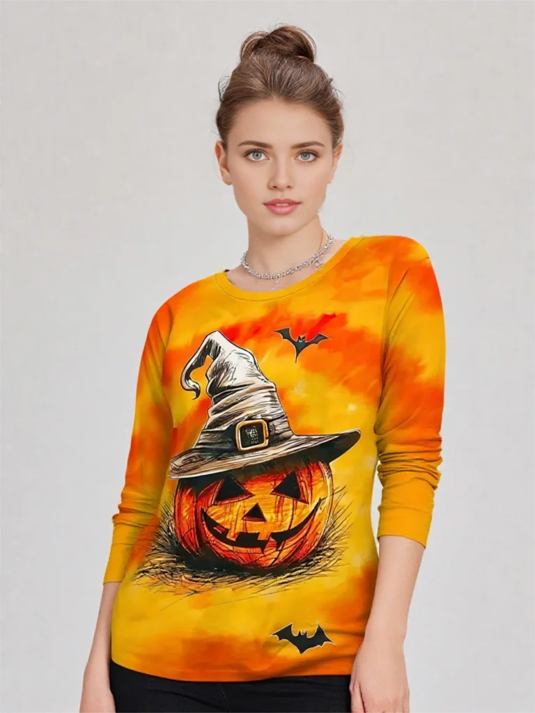 

Halloween Women's T Shirt Pumpkin Graphic Vintage Stylish Classic Yellow Orange Printed long Sleeve Crew Neck Regular Daily Tops