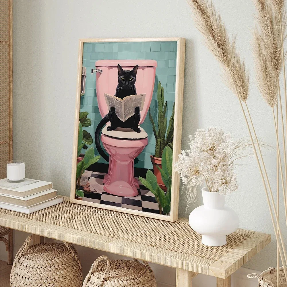 Modern Style Funny Black Cat Canvas Prints Cute Cat Reading Newspaper Wall Art Poster for Family Toilet & Bathroom Decor Cuadros