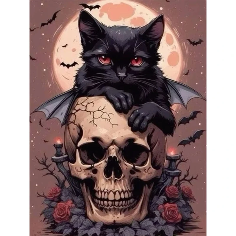 DIY Gothic Black Cat Skull Diamond Painting, Halloween Dark Fantasy Art For Living Room Wall Decoration Handmade Gift