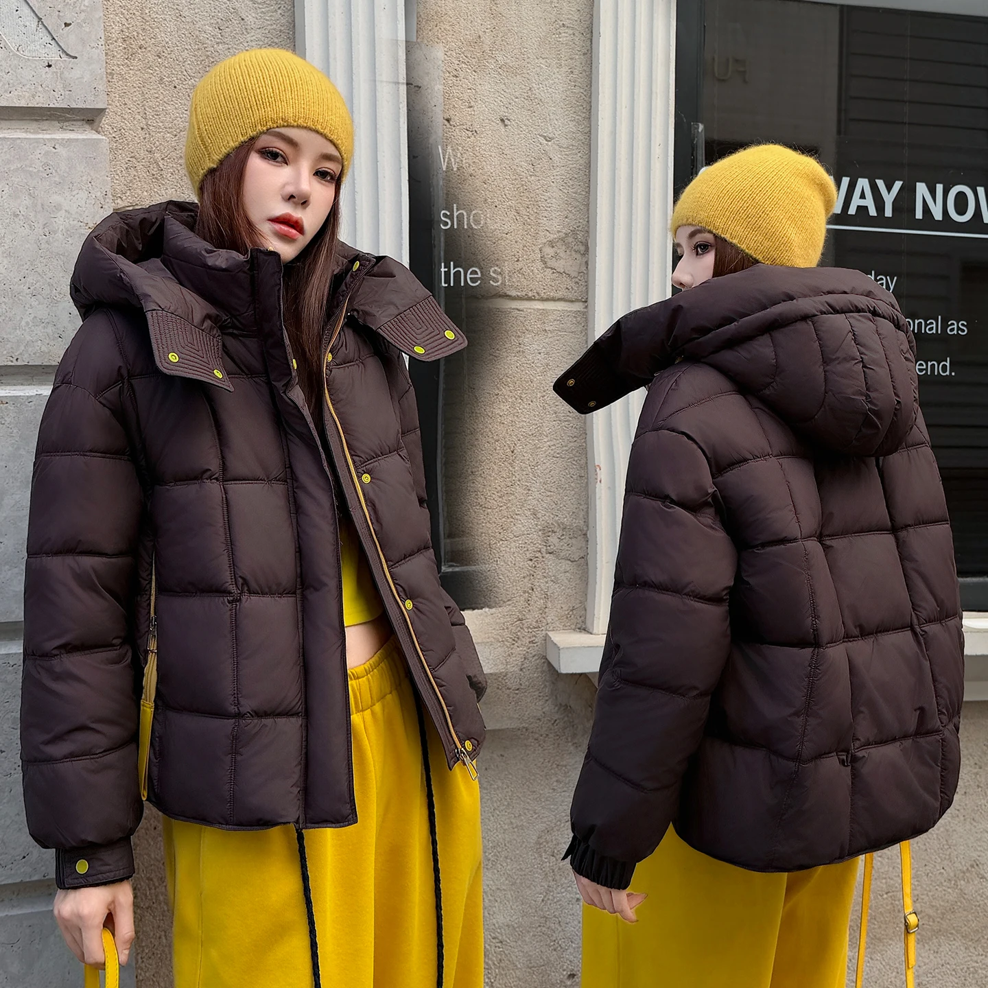 2026 New Women's Contrasting Colors Parka Jacket Winter Warm Square Quilted Coat Casual Elastic Cuff Zipper Pockets Outerwear