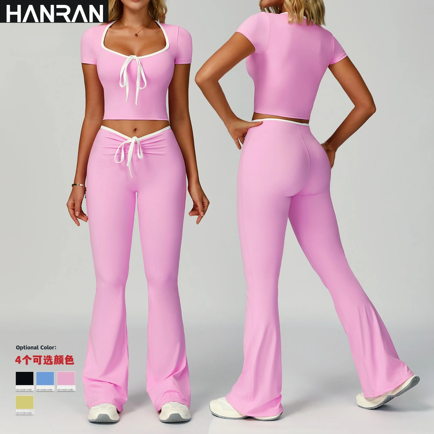 طقم تمرين نسائي من HANRAN مع عصابة رأس 2025، بدلة يوجا بحواف متباينة وسراويل واسعة للصالة الرياضية في الهواء الطلق #2