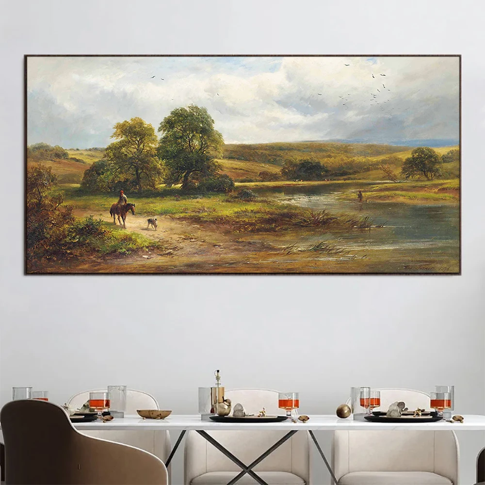 A Peaceful Day on the River 19th Century Canvas Painting Poster Print Wall Art Illustration Room Decoration Accessories