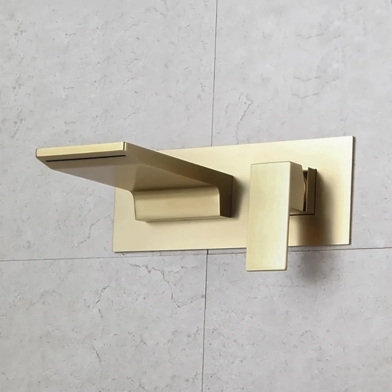 

Brushed Gold Wall Mounted Waterfall Basin Faucets Bathtub Faucet Single Handle Hot And Cold Water Bathroom Mixer Tap