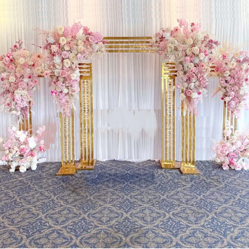 WEN-FEIYU-Gold-Plated Wedding Arch, Shiny Gold Flower Stand, Welcome Door Wall Backdrop, Decoration Metal Frame