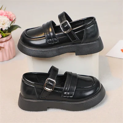 Girls British Style Black/beige Round Toe Leather Shoes, 2024 Summer New Daily Synthetic Leather Shoes Size:26-37