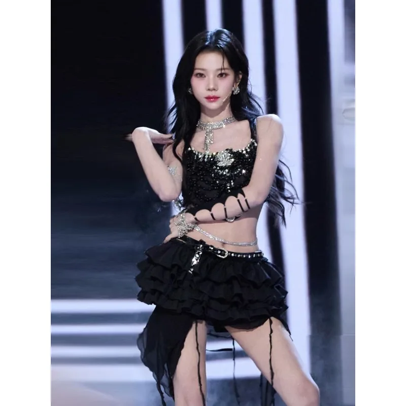 

Kpop Stage Outfit Women Black Sequin Halter Top Layered Ruffle Tutu Skirt Set Sexy Singer Performance Costume Clubwear