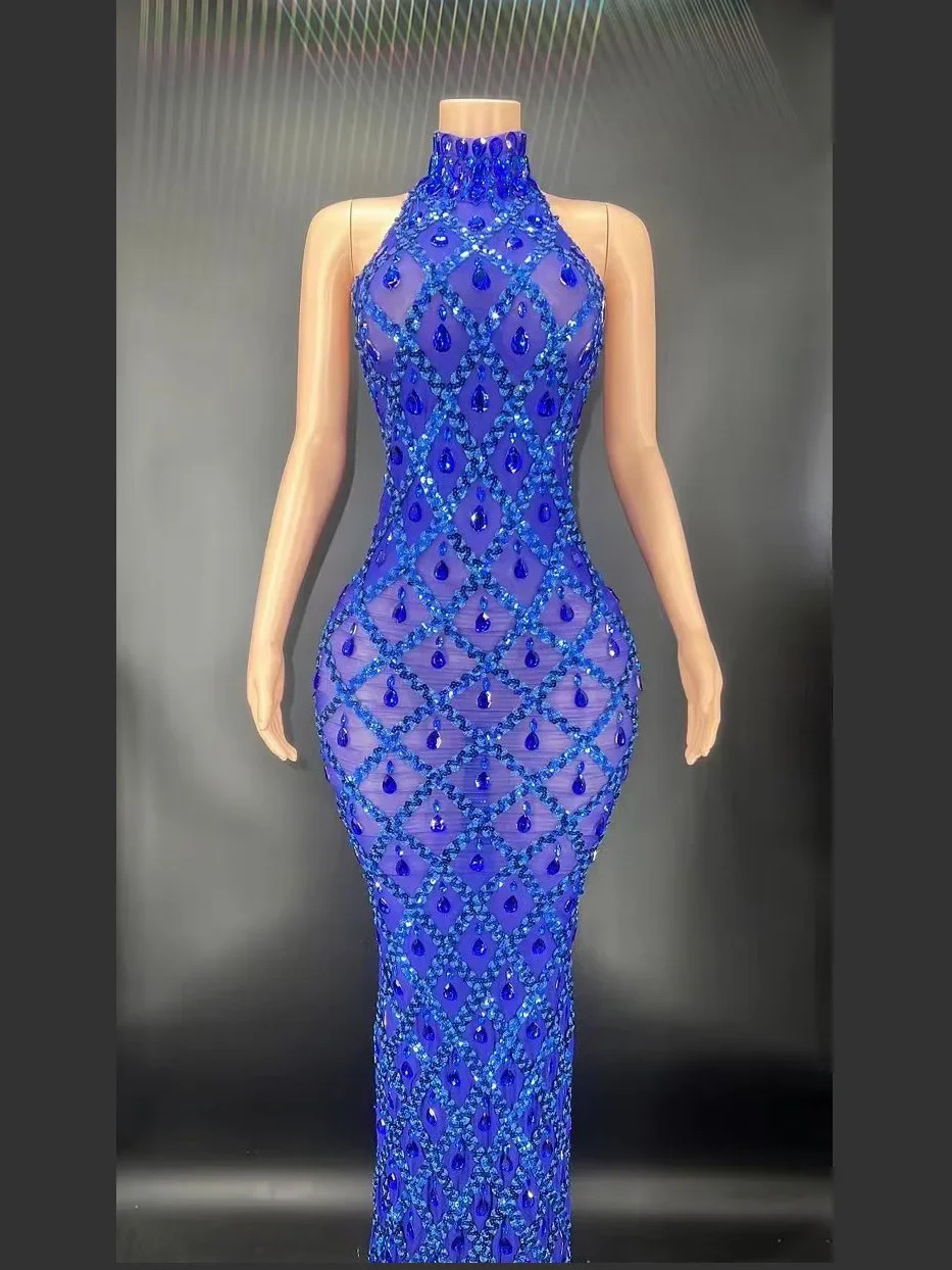 Blue Halter Backless Shining Rhinestones Crystal Sexy Split Dress For Women Ballroom Prom Clothing Celebrity Festival Costumes