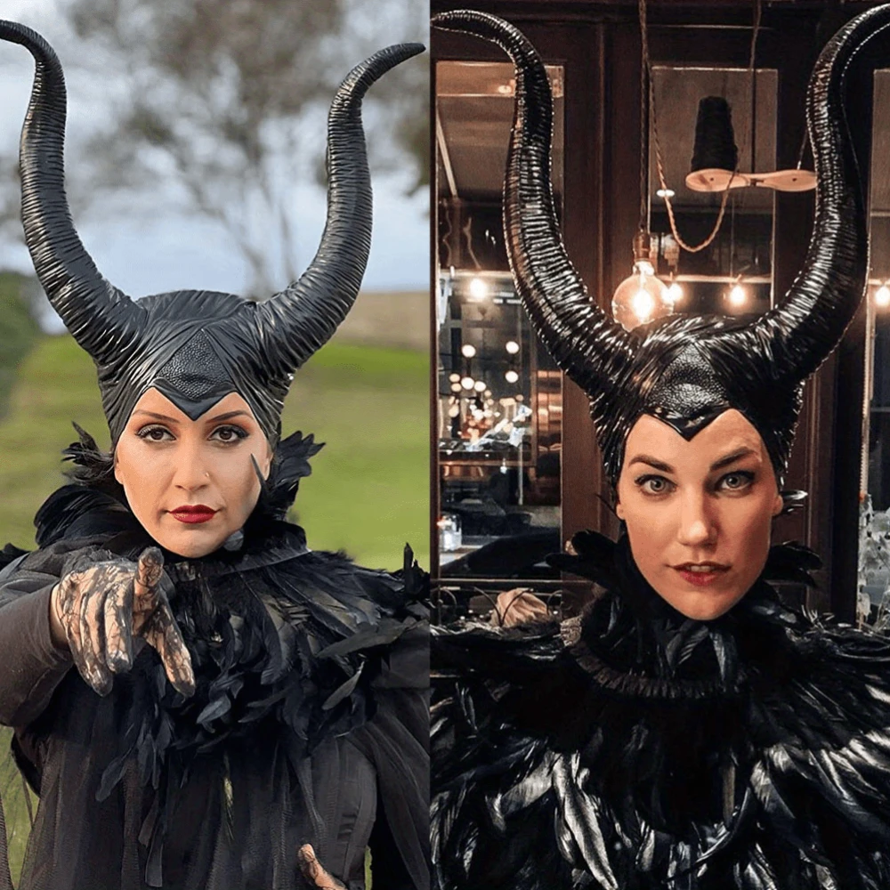 Big Black Ox Horns หมวกแม่มด Headpiece หมวก, Queen คอสเพลย์ผู้หญิงฮาโลวีนเครื่องแต่งกาย, อะนิเมะ Headdressing Up Party Props