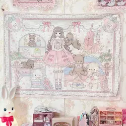 Ins Pink Girl Bear Blossom Tapestry Cute Camera Kawaii Room Decor Dorm Bedroom Decoration Aesthetic Fabric Background