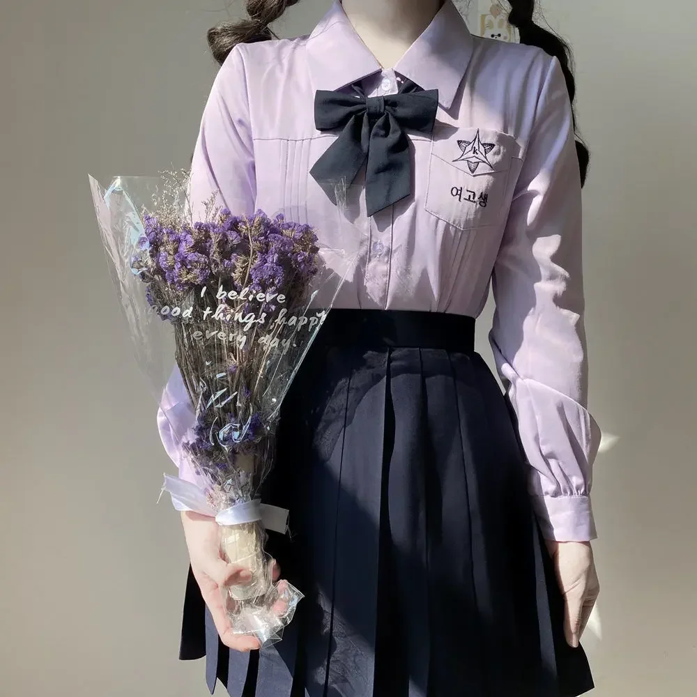 School Uniform Set Korean Daily Student Long Sleeve Blue Purple Shirt Pleated Skirt Outfit Girl JK Uniforms Graduation Outerwear