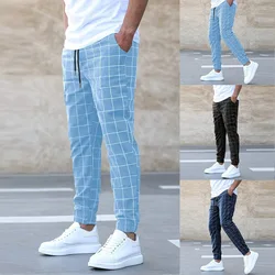 2024 New Fashion Men Pants Mid Waist Slims Fit Male Sweatpants Plaid Checkered Side Stripe Trousers Summer Work Casual Pants