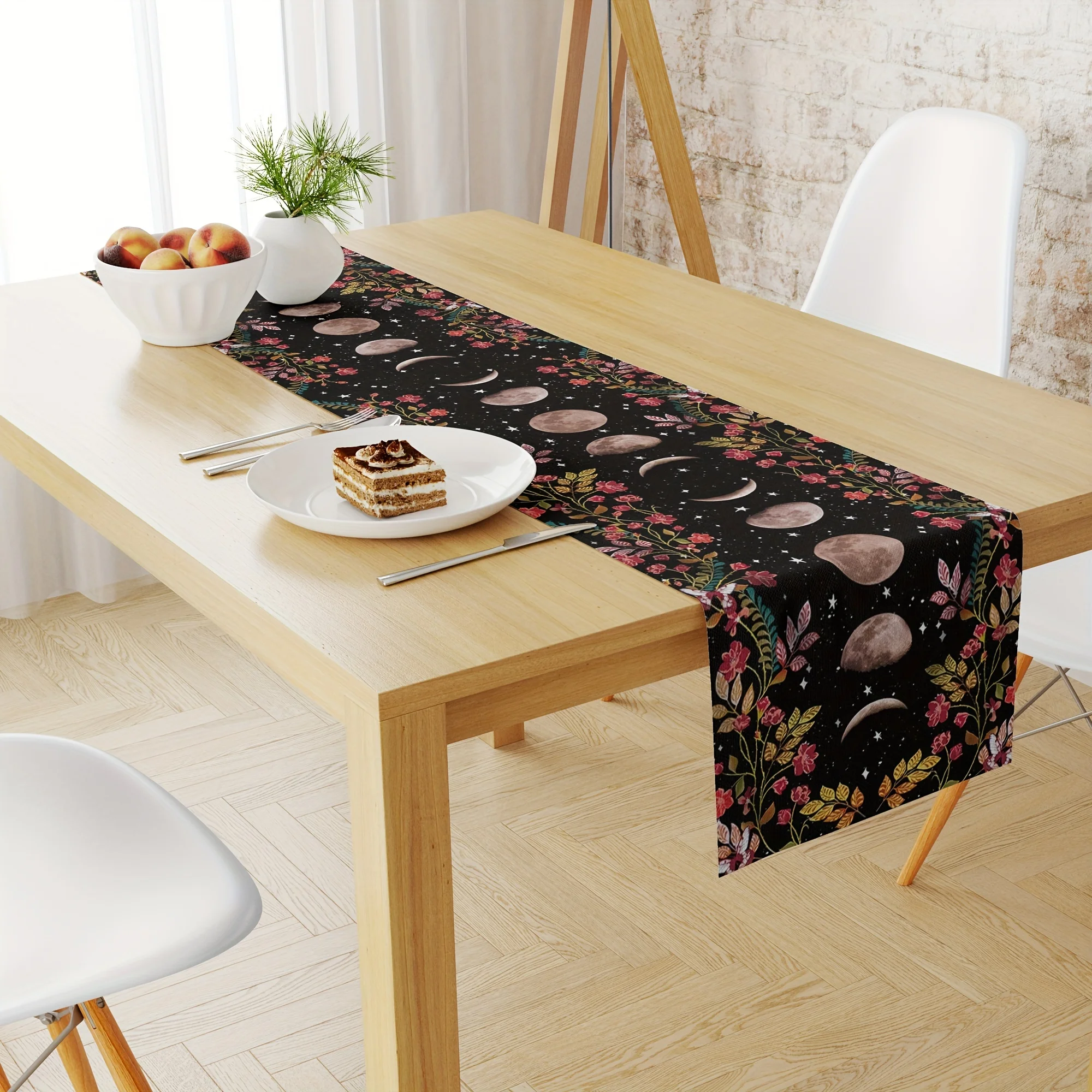 

Dark Night Starry Sky Moon Floral Pattern Home Entrance Dresser Dining Table Table Runner Holiday Party Dinner Decoration Cloth