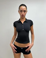 Camiseta negra con cuello polo, corte ajustado y sexy, top corto de verano para mujer