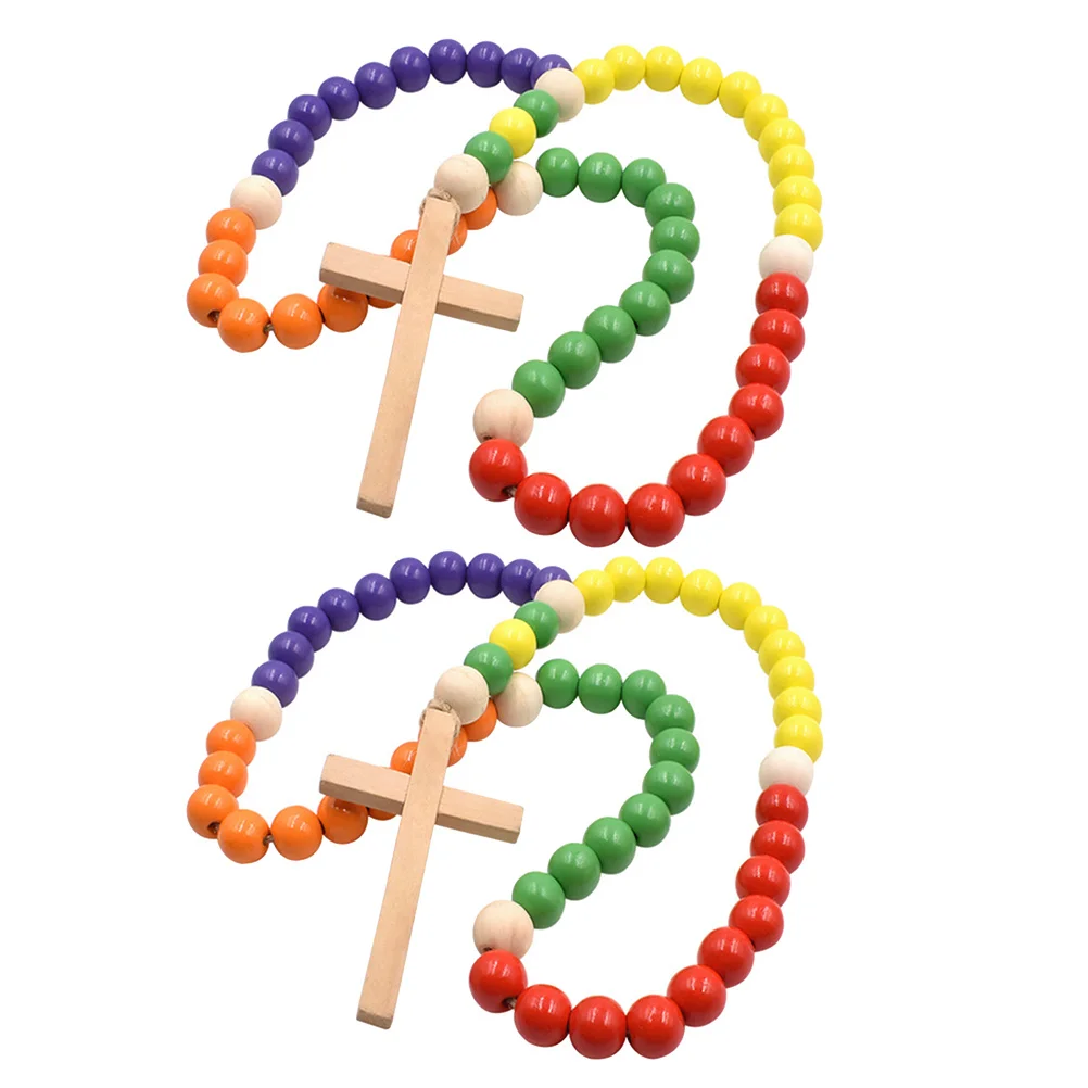 

2Pcs Bead Garland Decor with Cross Wooden Beaded String for Indoor Layout Desktop Ornament Party Hanging Decoration