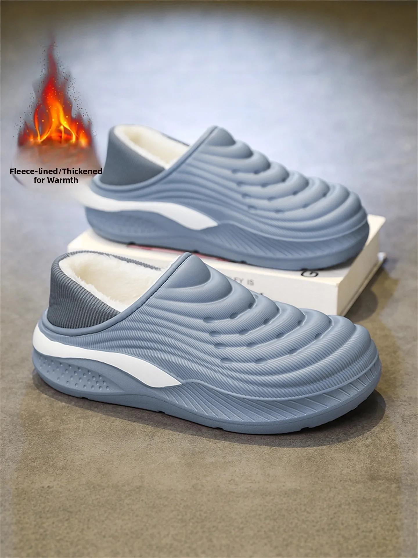 

Thickened Fleece Slippers Men's Winter Home Wear Waterproof Leather Fur Integrated Slip-On Cotton Shoes with Back Heel