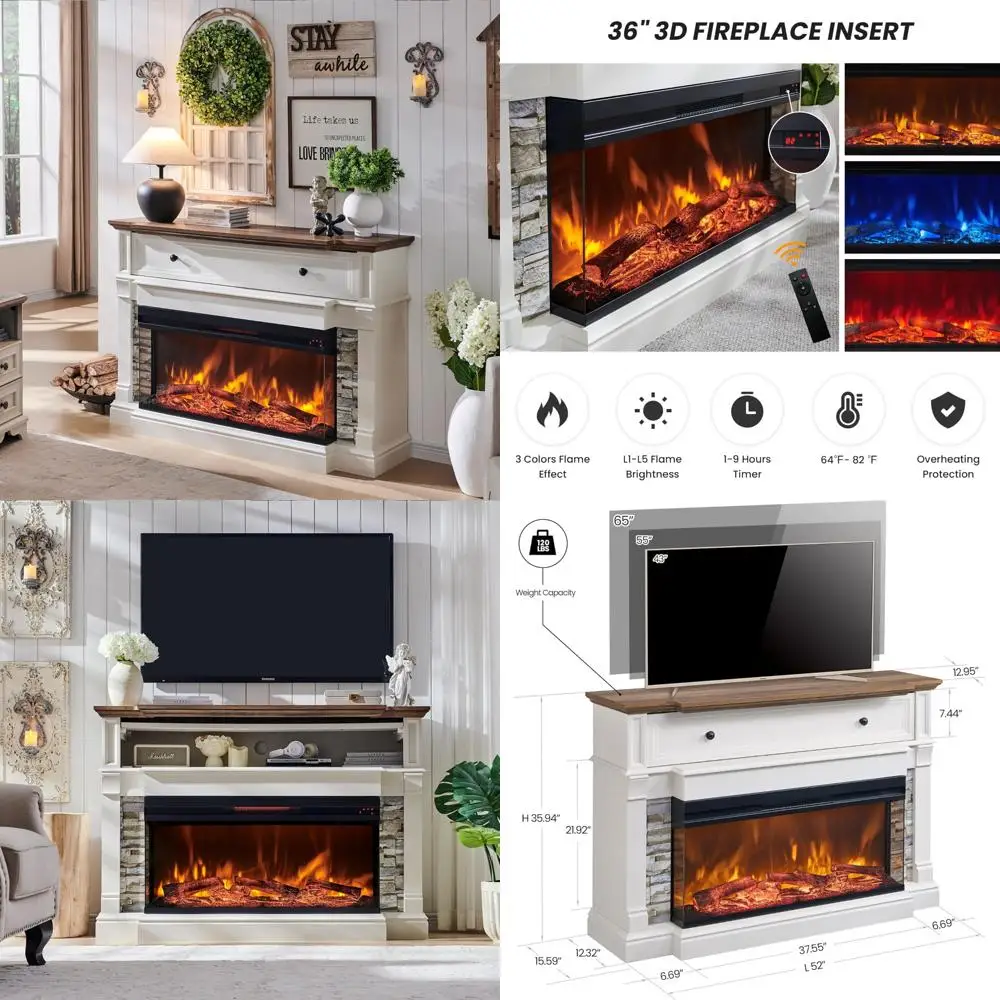 

Электрический камин с каминкой и 3-сторонней стеклянной вставкой, отдельно стоящим обогревателем и подставкой для телевизоров с диагональю до 65 дюймов