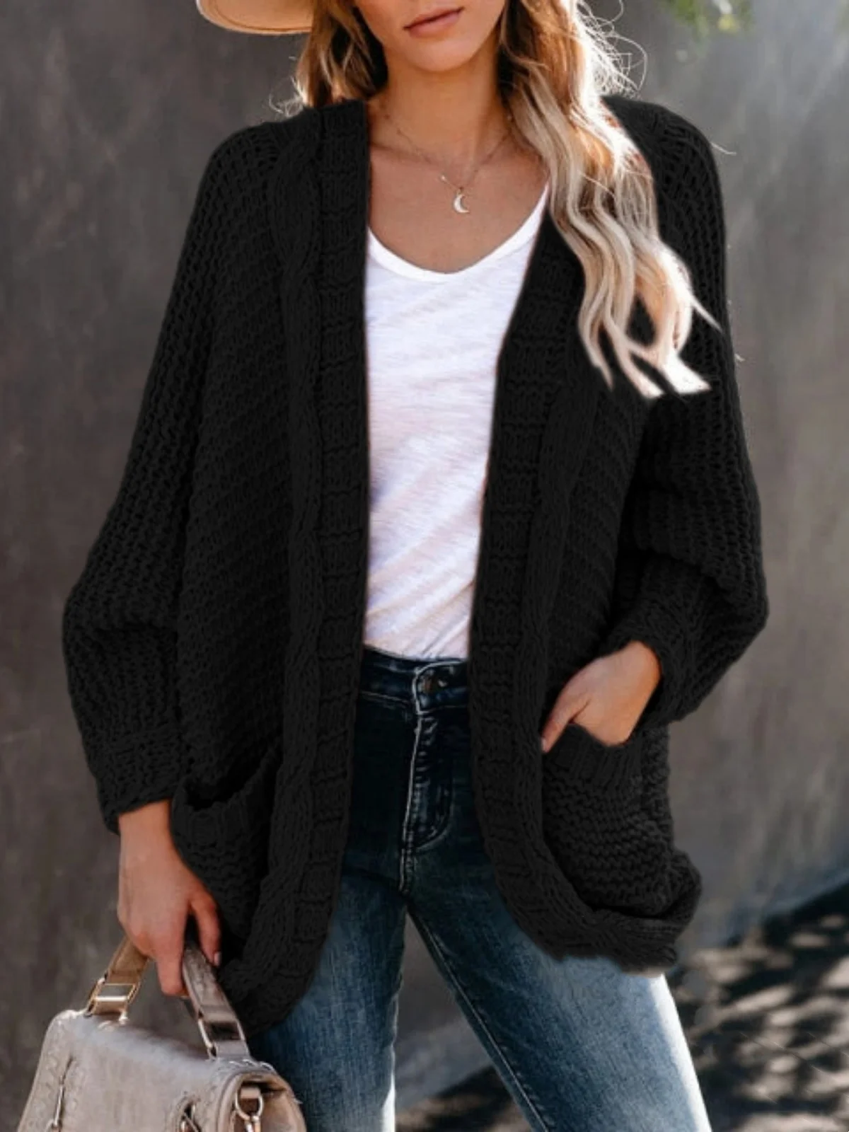 Solid Color Chunky Knitted Open Front Cardigans Women Oversized Long Sleeve Loose Fit Sweaters Fashion Casual Pockets Coats Tops