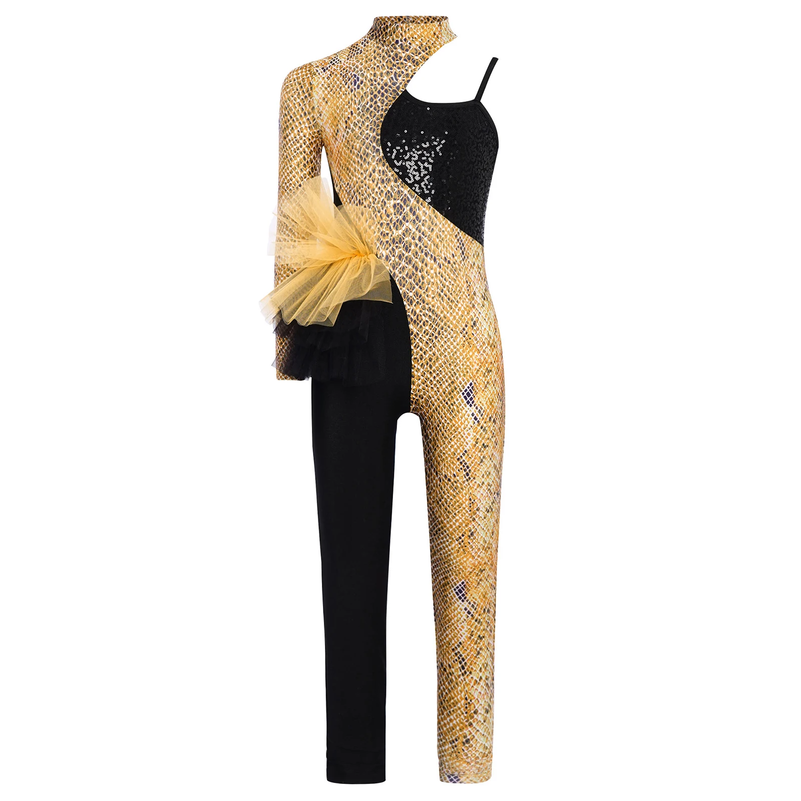 

Kids Girls Stylish Printed Asymmetrical Dance Jumpsuit Long Sleeve Color Block Patchwork Side Tulle Peplum Sequin Bodysuit