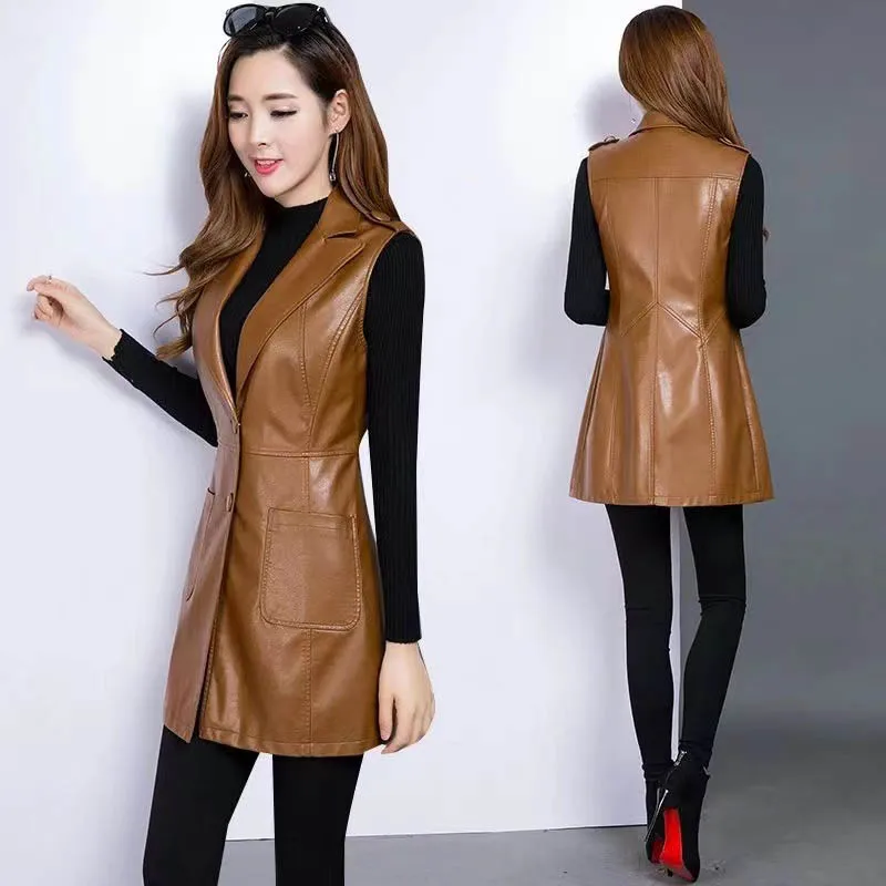 

2024 New Faux Leather Vest Women's Clothing Autumn Jacket Korean Solid Sleeveless Vest Mid Long Coat Female Waistcoat Outerwear