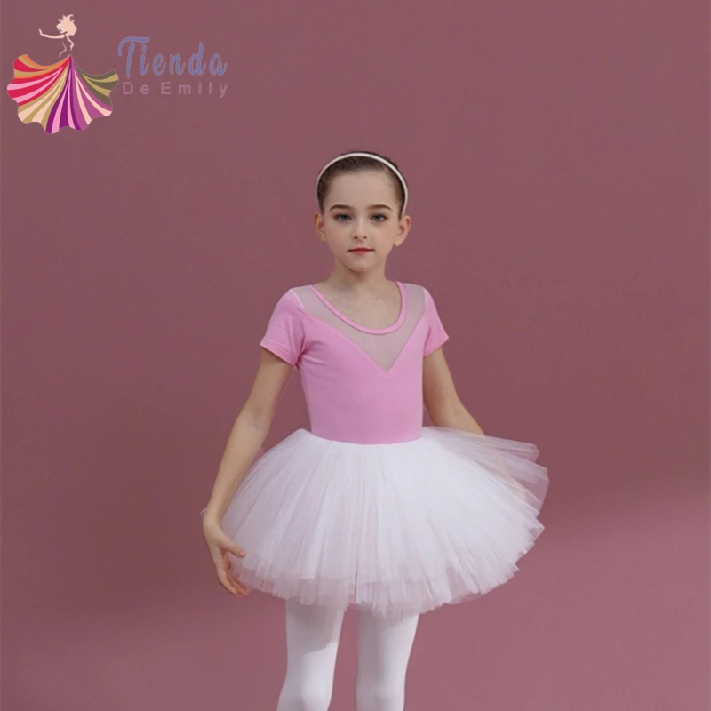 

Girls Ballet Tutu Skirts Gymnastics Leotard 4 Layers Tulle Skirt Outfit Short Sleeve Ballerina Dress Set Performance Dance Wear