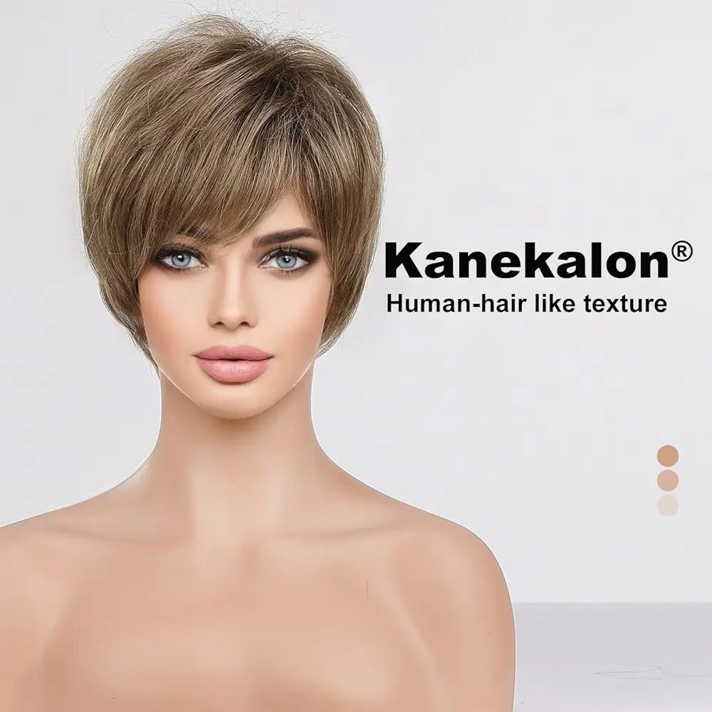 Light Brown Short Pixie Cut Bob Wigs for Women Short Straight Women Daily Wigs with Bangs Kanekalon Memory Fiber Heat Resistant