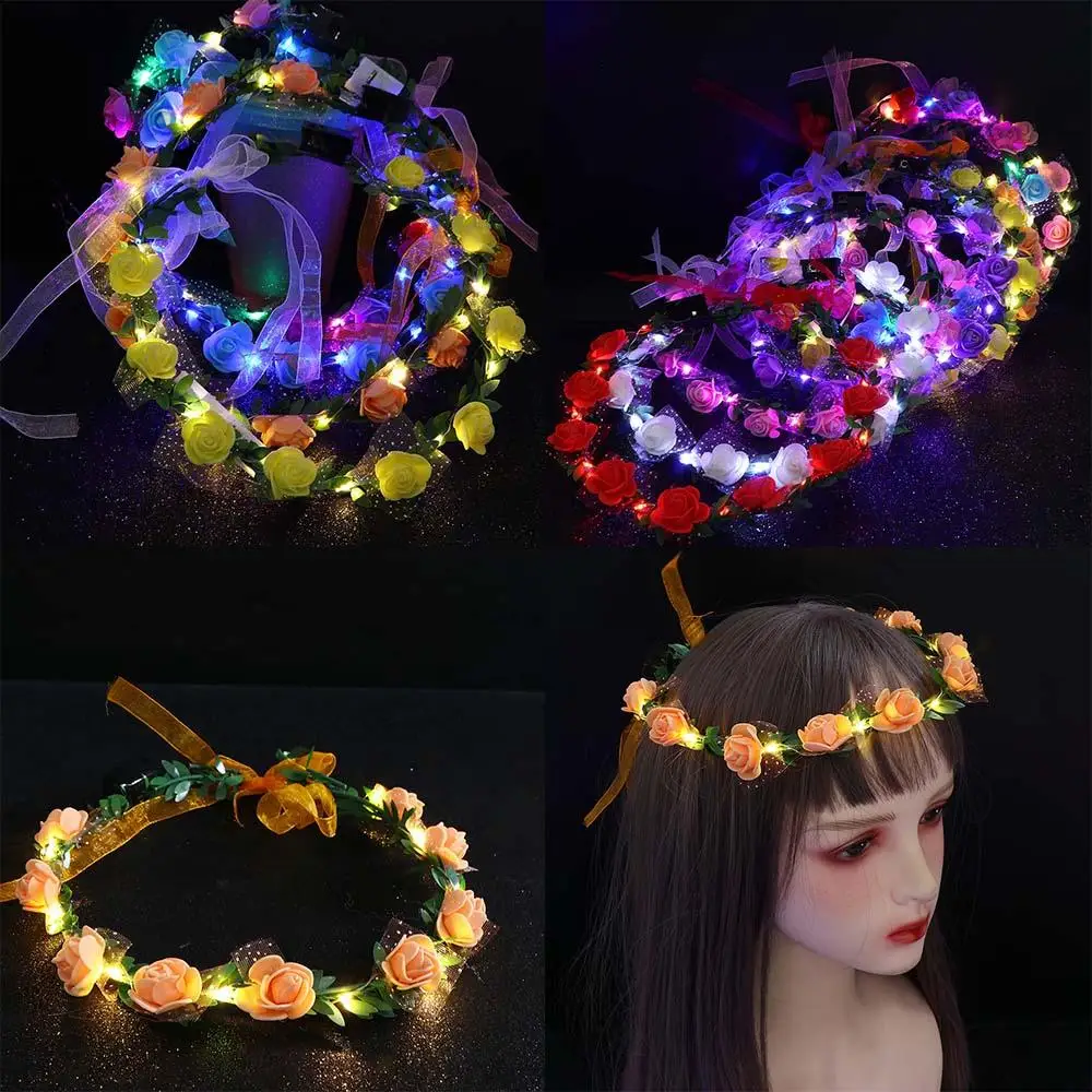 Couronne de fleurs de rose en mousse pour femme, guirxiété lumineuse LED, bande de sauna, décoration douce et élégante, fête de mariage