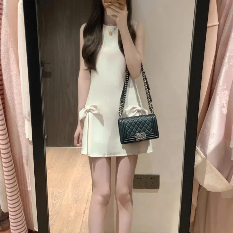 2024 Spring Summer New Fashion Round Neck Sleeveless Women\'s Clothing Pullover Solid Bow Sweat Female Clothes All Match Dresses