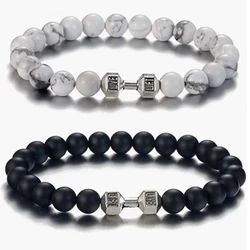 New Dumbbells Beaded Charm Bracelets For Men Women Natural Black Lava Stone Bangles Energy Yoga Fitness Barbell Jewelry Gifts