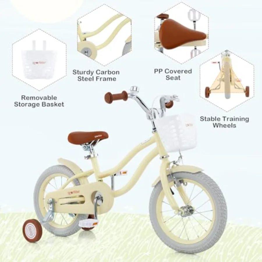 Bicicleta 12 14 16 18 20 pulgadas para niños y niñas con asiento ajustable, cesta extraíble, freno de mano, freno de montaña rusa, ruedas de entrenamiento o Kickstan