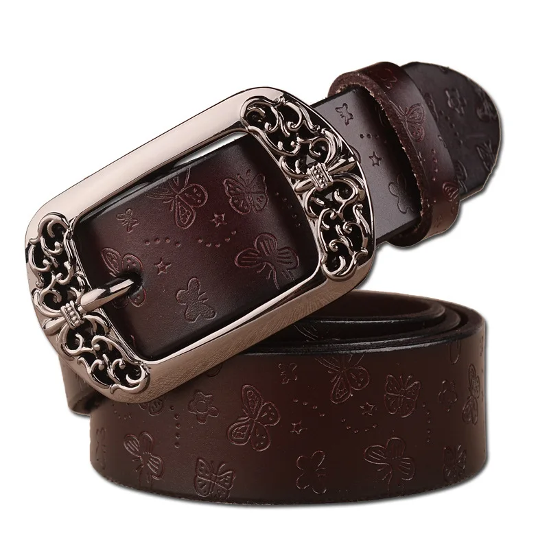 

2024 Explosions Women Pin Buckle Cowhide Belt Vintage Casual Decorative Carved Leather All match Small Flowers Joker Flower Red