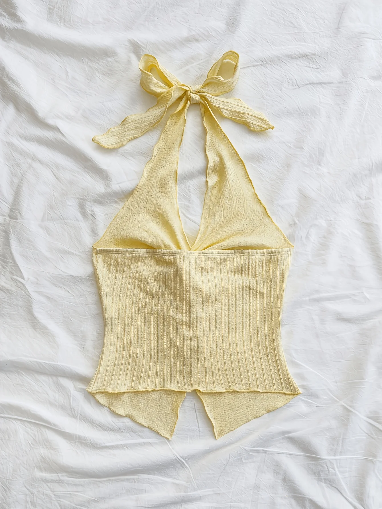 Women Twist Front Halter Crop Top, Ribbed Textured Back Tie Bow Sleeveless Cami Top, Deep V Neck Split Hem Slim Summer Vacation