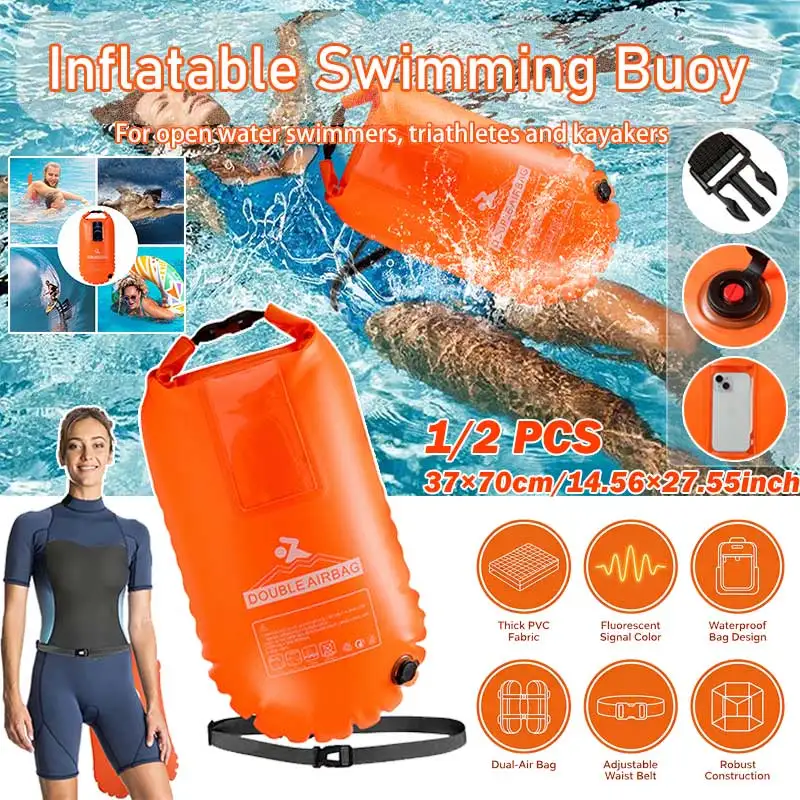 Bouée de natation gonflable en PVC, outils de flottaison, flotteur de remorquage, sac à double air étanche avec ceinture de taille pour le rafting en eau libre, 1/2 pièces