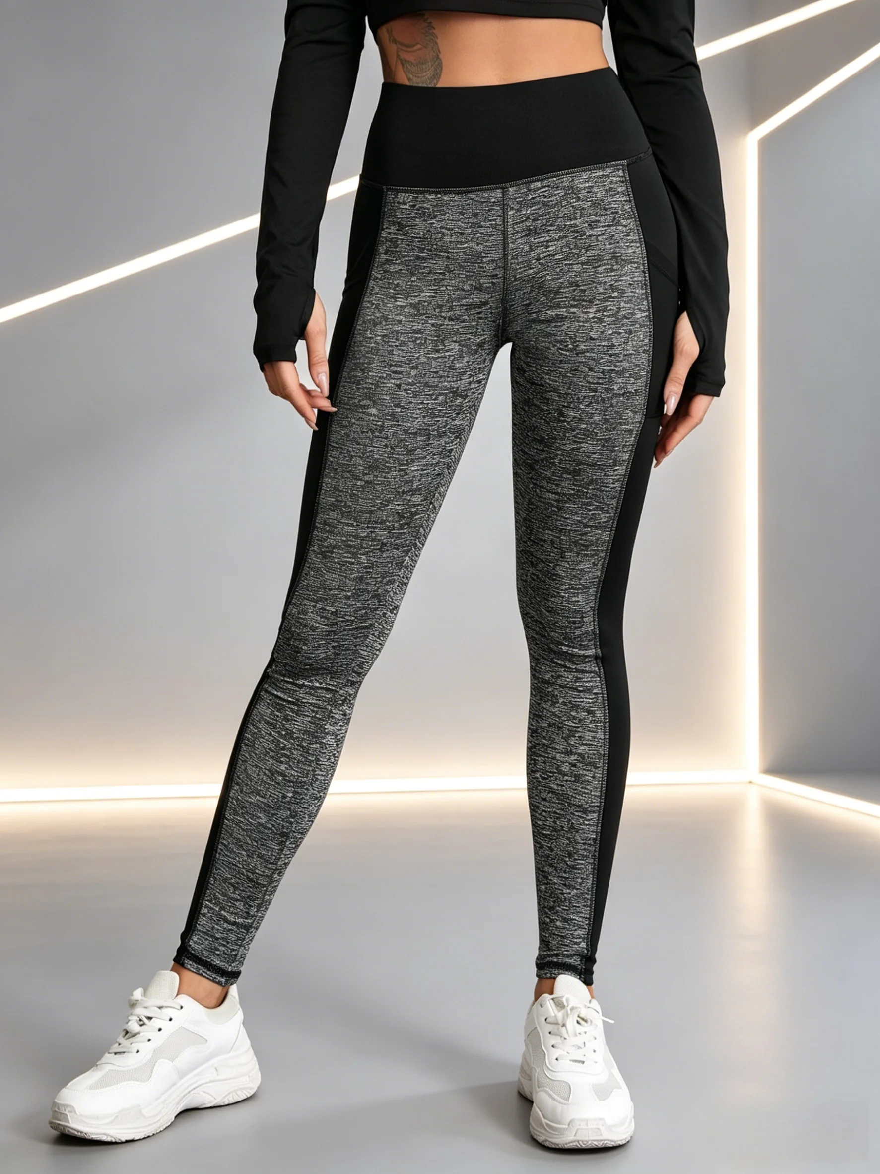 Women's High Waist Contrast Panel Yoga Leggings with Phone Pocket Tummy Control Butt Lifting Gym Pants for Running Workout