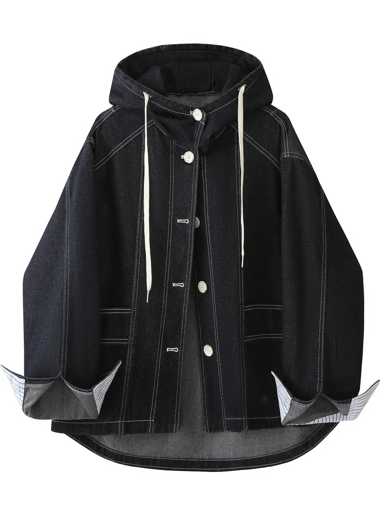 

Korean Sle Casual Loose Women's Denim Jaet Spring Autumn Horizontal Stripe Splicing Hooded Coat Versatile Mid-Length Cott...