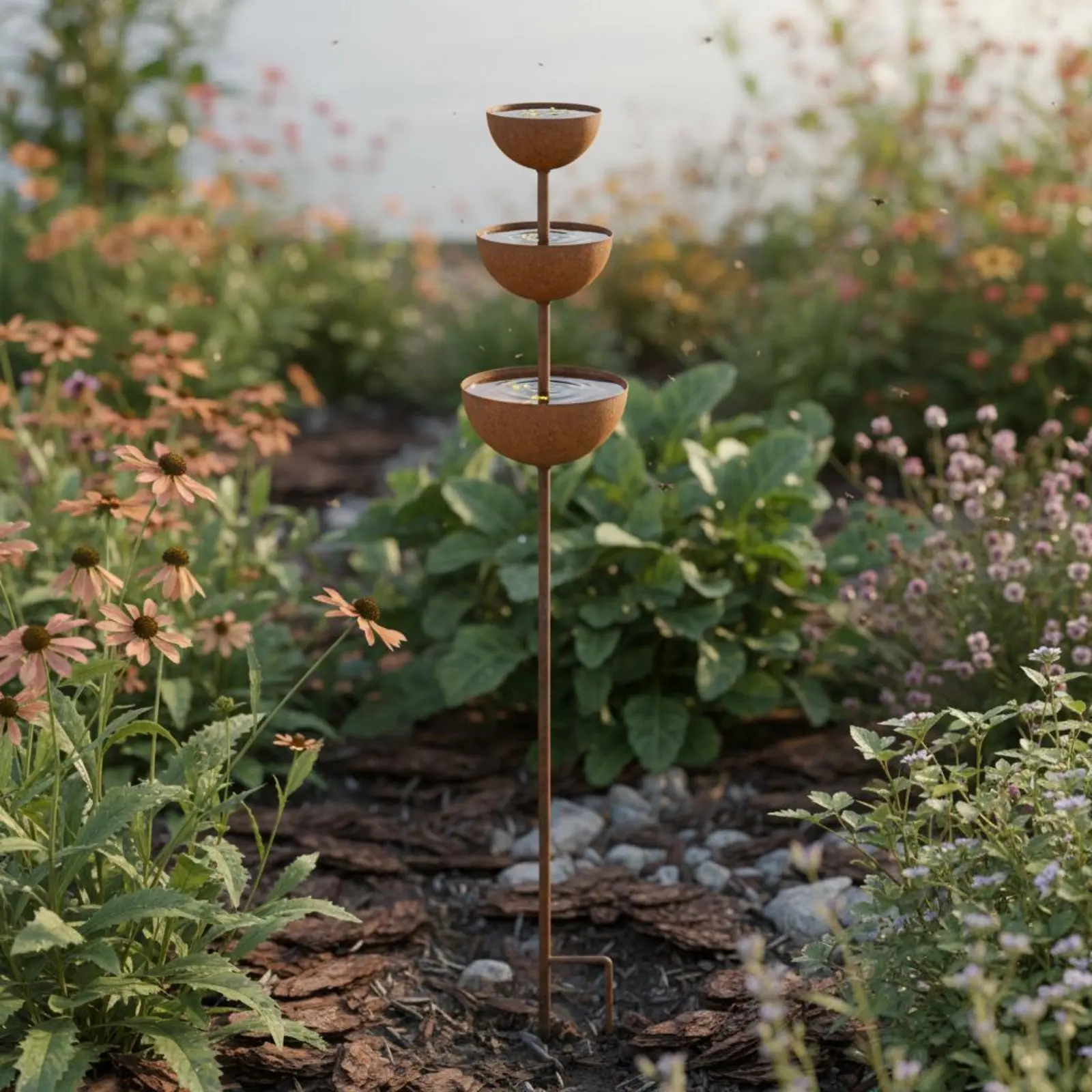 

Rustic Bee Watering Station Multi-Tiered Cascading Bowl Garden Stake Waterer Weather Resistant Creatures Accessory