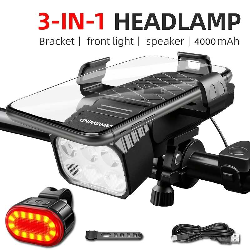 مصباح أمامي للدراجة مع قرن، حامل هاتف من النوع C، ضوء دراجة قابل لإعادة الشحن، أضواء مقود ساطعة، مصباح يدوي لركوب الدراجات مقاوم للماء