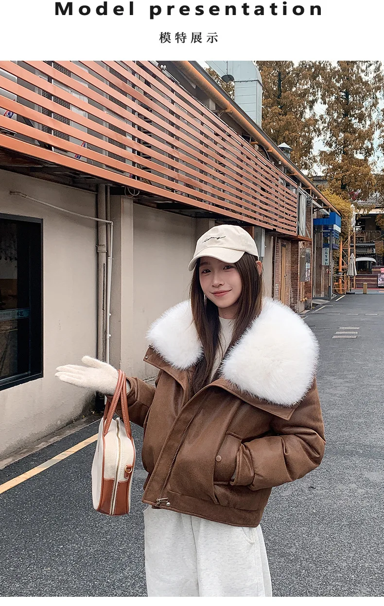 

Роскошная короткая дубленка для женщин, зимняя куртка с плюшевым меховым капюшоном, шикарный и элегантный стиль