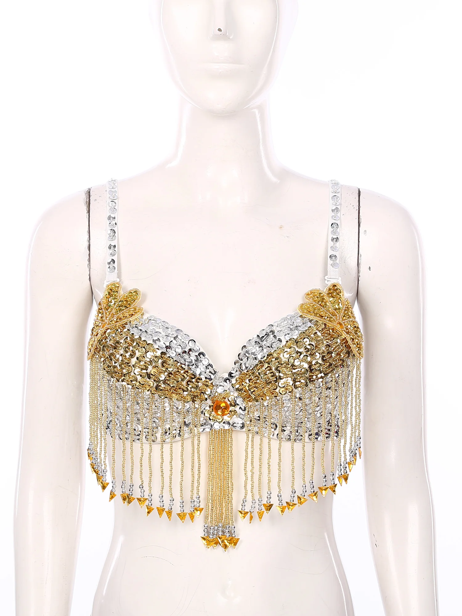 Womens Belly Dance Performance Costume Adjustable Straps Shiny Sequins Plastic Beaded Tassels Underwired Bellywood Bra Tops Vest