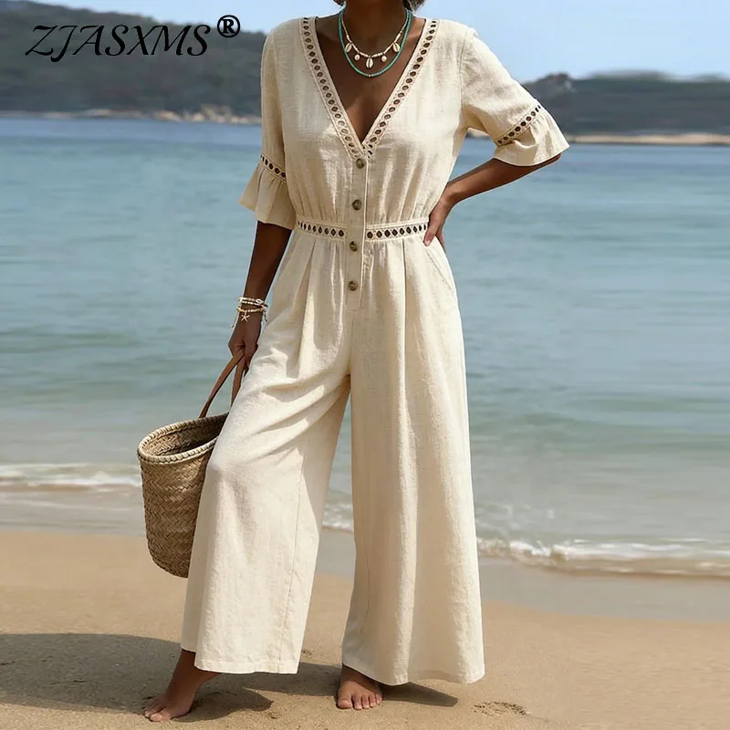 

Сексуальный женский комбинезон с глубоким V-образным вырезом и вырезами, весенний однотонный комбинезон на пуговицах с высокой талией, летний модный комбинезон с широкими штанинами для отпуска