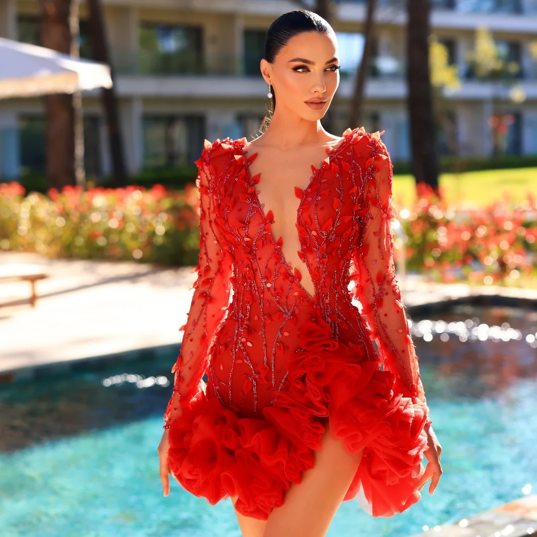 

Красные платья для выпускного вечера с длинными рукавами, короткое вечернее платье с цветочной аппликацией по индивидуальному заказу, сексуальные вечерние платья с глубоким V-образным вырезом