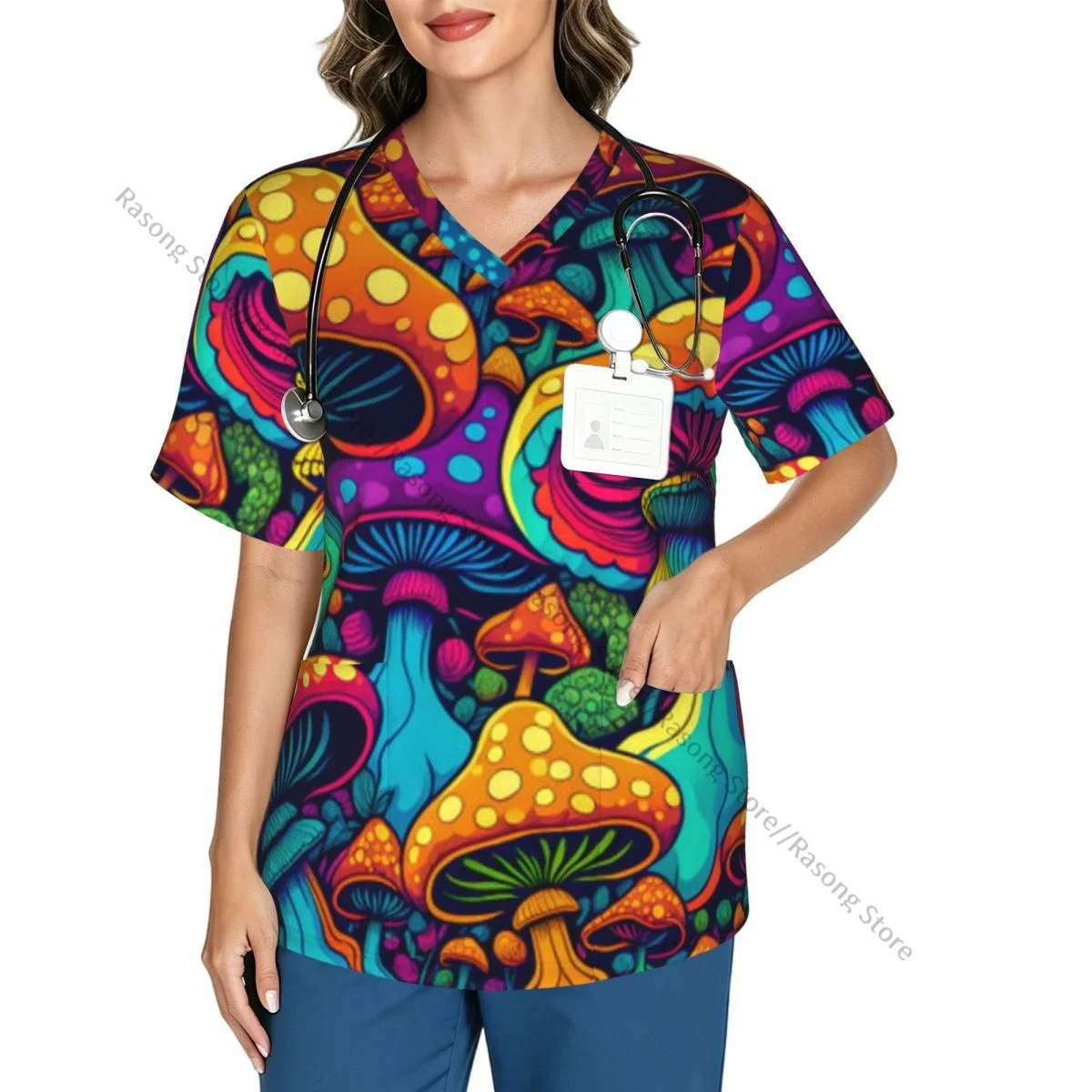 Women Scrubs Blouse Medical Nurse V-neck Clinical Scrubs Top Psychedelic Mushrooms Pattern Operating Room Work T-shirt