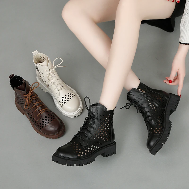 أحذية مارتن نسائية صيفية قصيرة ذات قاعدة مسطحة ومجوفة وقابلة للتنفس، مصنوعة من الجلد الطبيعي بأسلوب بريطاني من جلد البقر