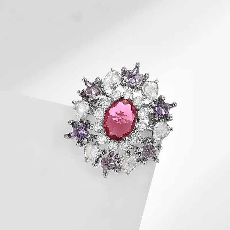 Chinese Style Lucky Blessing Floral Brooch Oval Red Cubic Zirconia Purple Star Clear Stone Elegant Suit Pin For Women Daily Wear