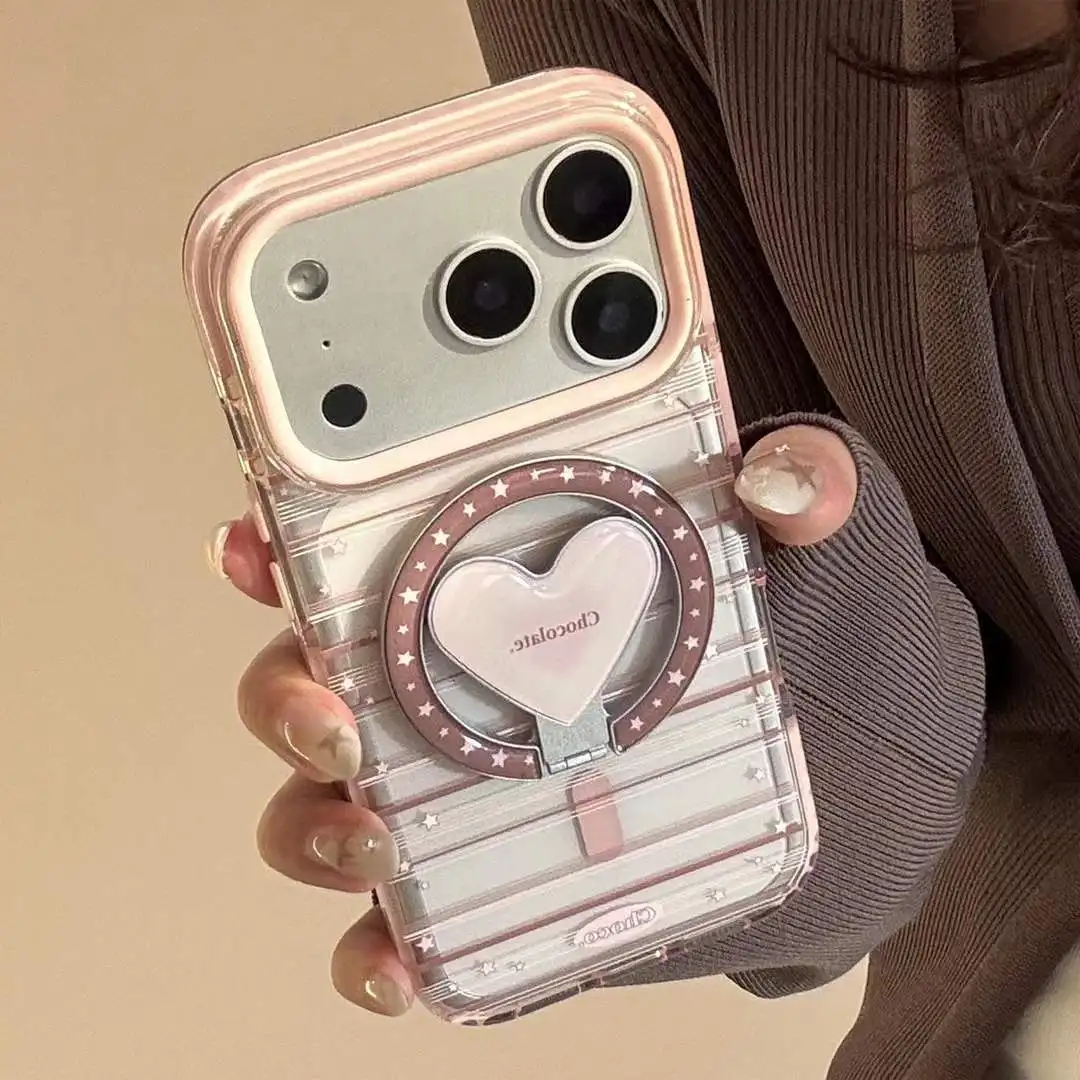 

Для iphone 17Promax розовый прозрачный чехол с держателем в виде кольца в форме сердца и звезды, защитный чехол для iPhone 16/15/14/13