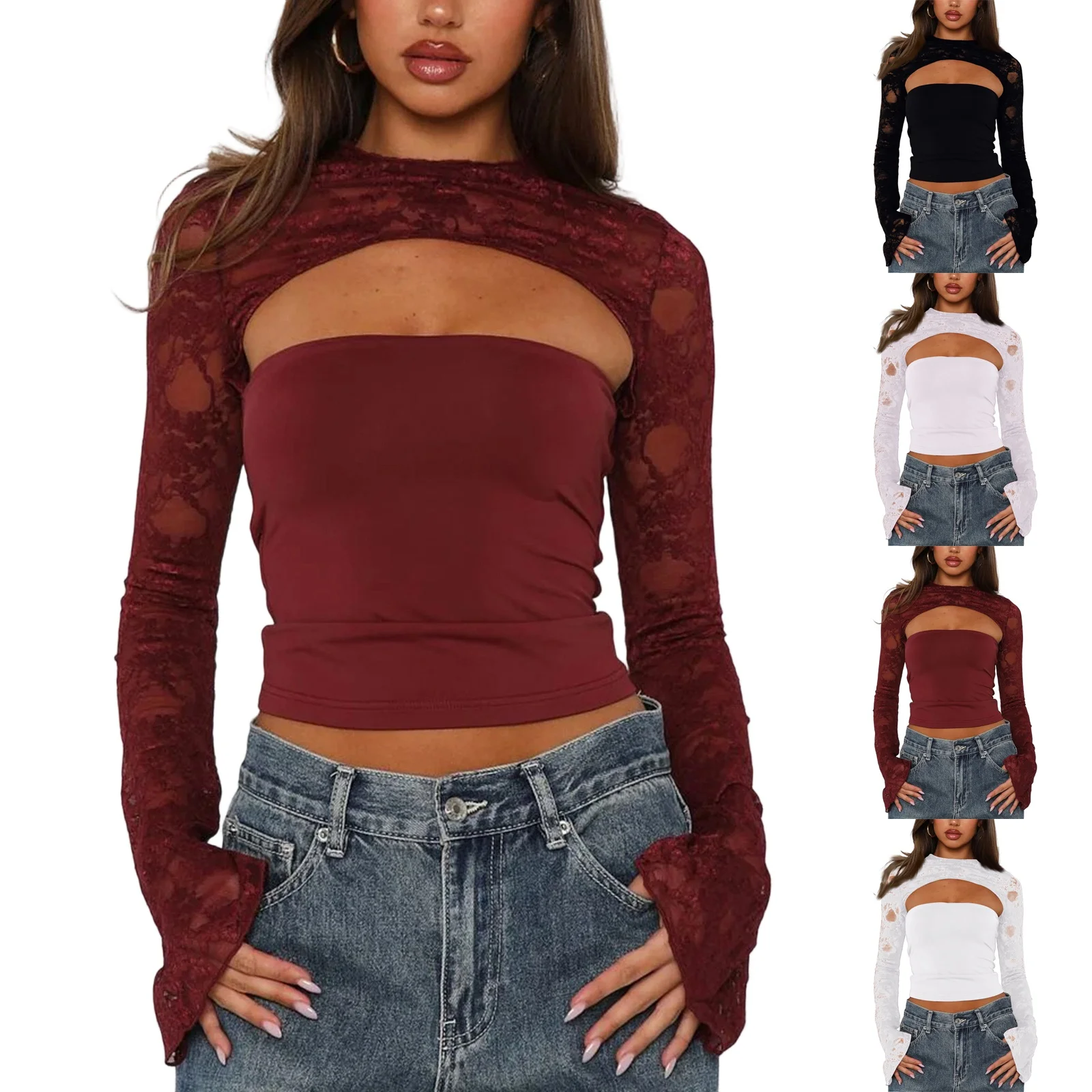 المرأة مثير صديرية دائرية الجوف خارج كم طويل تصميم المرقعة الأعلى الإناث مزاجه أنيقة بلون الراحة التخسيس الأعلى #2