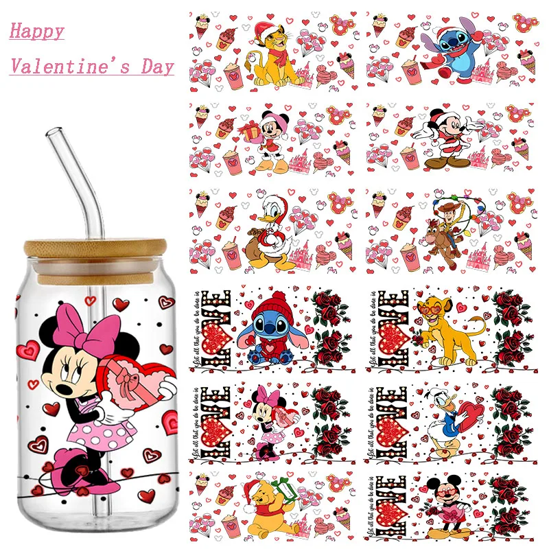 Disney Valentine's Gift Mickey Stitch UV DTF Transfer Stickers Cup Wrap Waterproof For 16oz libbey Glass Custom Cup Wraps Label