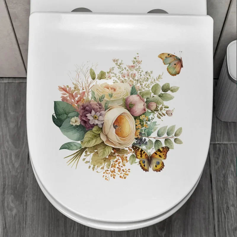 1pc Plant Flowers Butterfly Toilet Stickers for Toilet lid Decor Window Wall Decal Transparent Frosted Decorative Painting